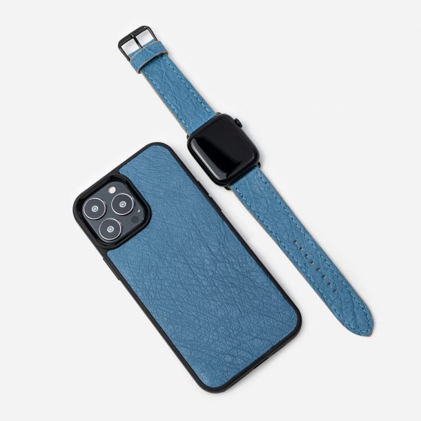 Follicle-free blue ostrich leather iPhone case and Apple Watch band set