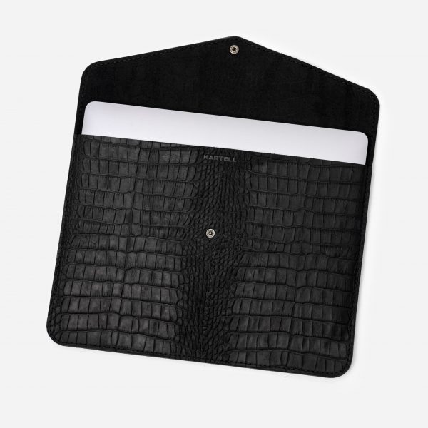 price for Cover for MacBook 13 Air Pro made of calf leather embossed with a crocodile pattern in black