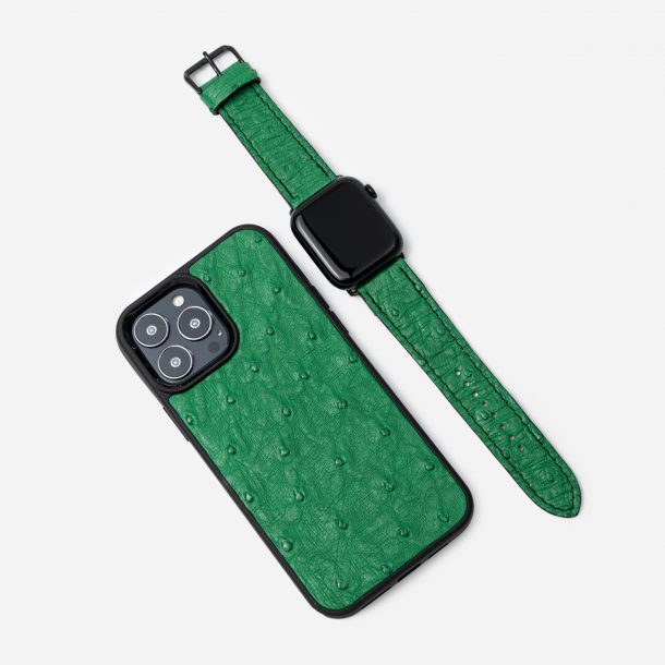 Green ostrich leather set, iPhone case and Apple Watch band