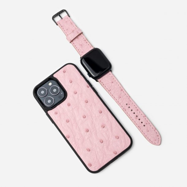 Набір із рожевої шкіри страуса, чохол для iPhone та ремінець Apple Watch
