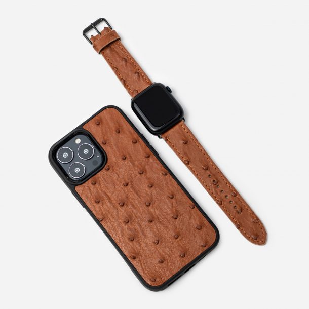 Set of red ostrich skin, iPhone case and Apple Watch band