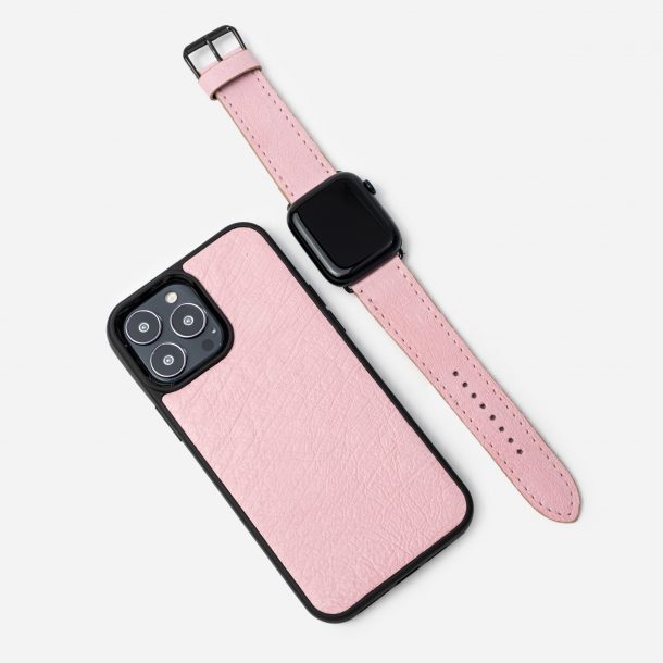 Набір із рожевої шкіри страуса без фолікул, чохол для iPhone та ремінець Apple Watch