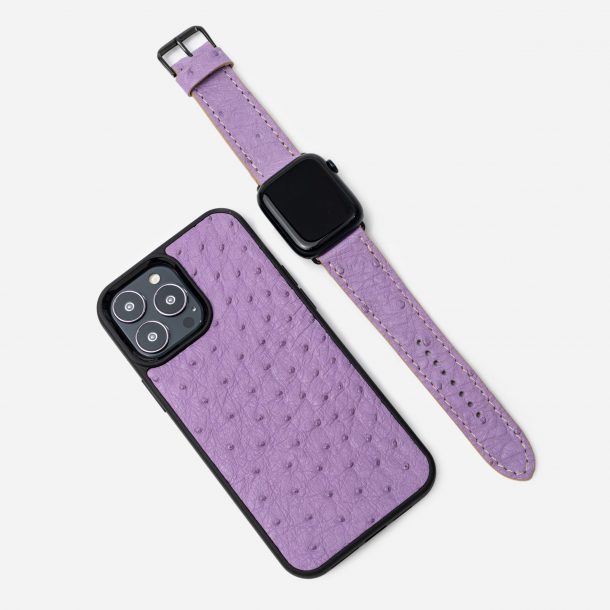 Purple ostrich leather iPhone case and Apple Watch band set