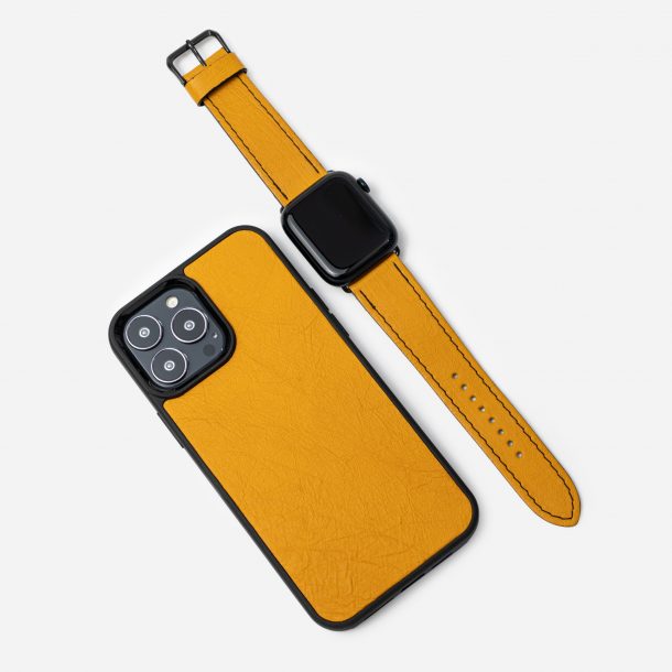 Orange Follicle Free Ostrich Leather iPhone Case and Apple Watch Band Set