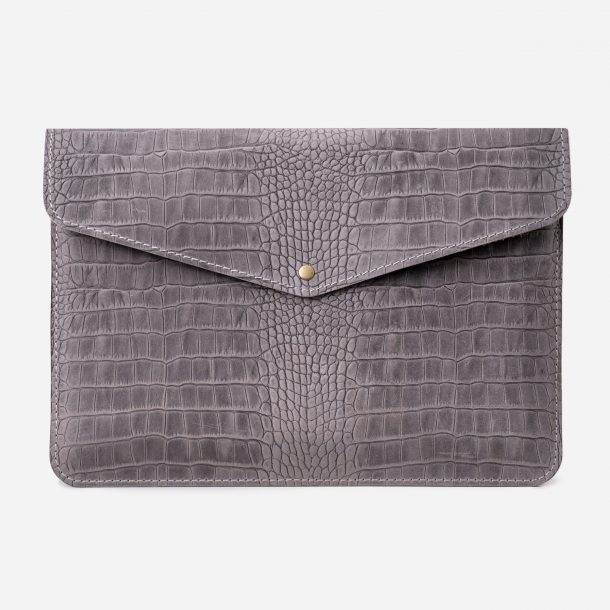 Laptop case made of calf leather embossed with crocodile in gray color