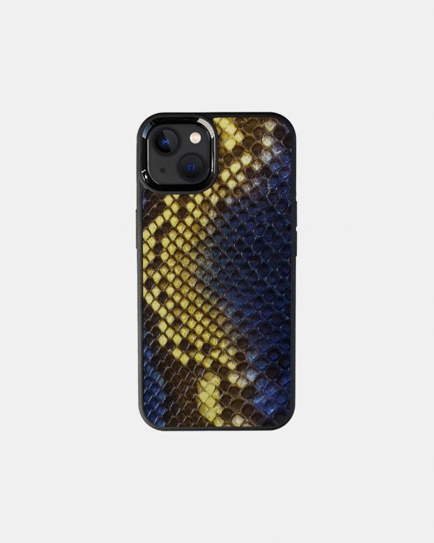 iPhone 13 case made of blue-yellow python skin with fine scales