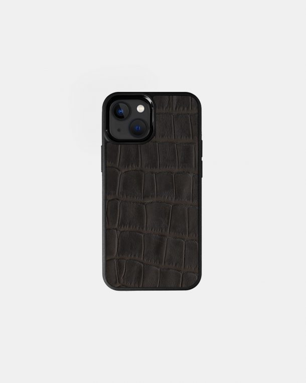 Чехол из темно-коричневого тиснения под крокодила на телячьей коже для iPhone 13 Mini
