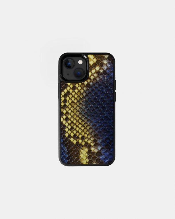 Case made of blue-yellow python skin with fine scales for iPhone 13 Mini