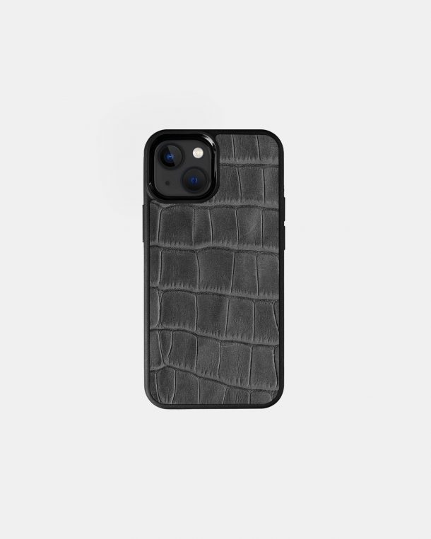 iPhone 13 Mini case made of gray crocodile embossing on calf leather