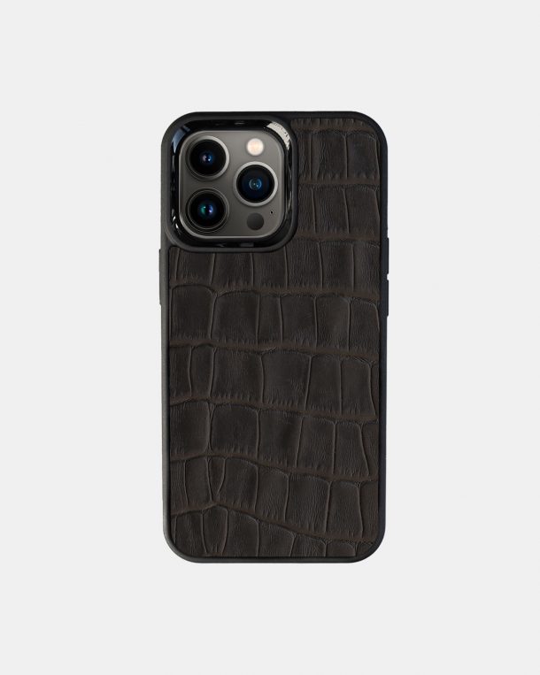 Case made of dark brown embossed crocodile on calfskin for iPhone 13 Pro