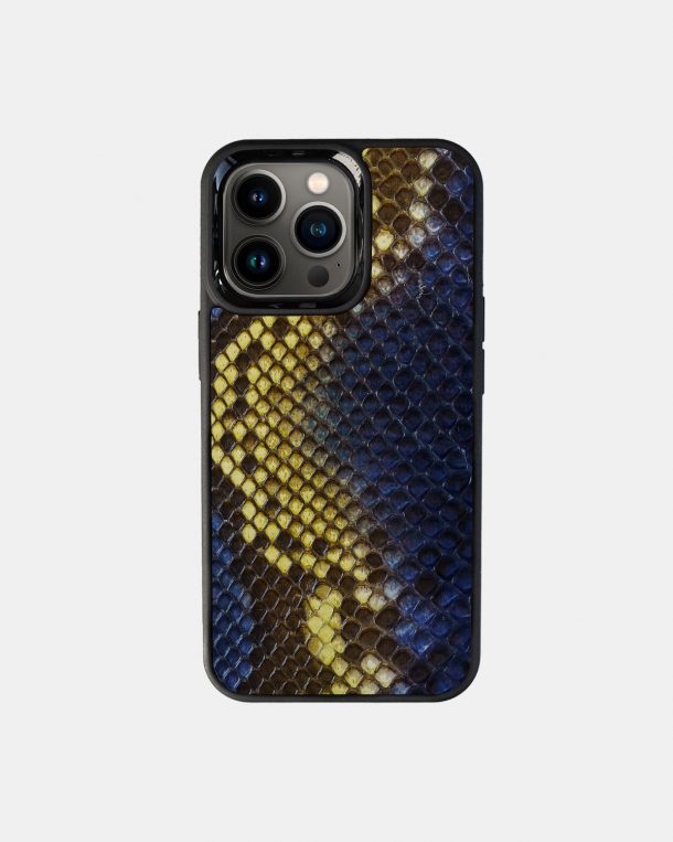 Case made of blue-yellow python skin with fine scales for iPhone 13 Pro