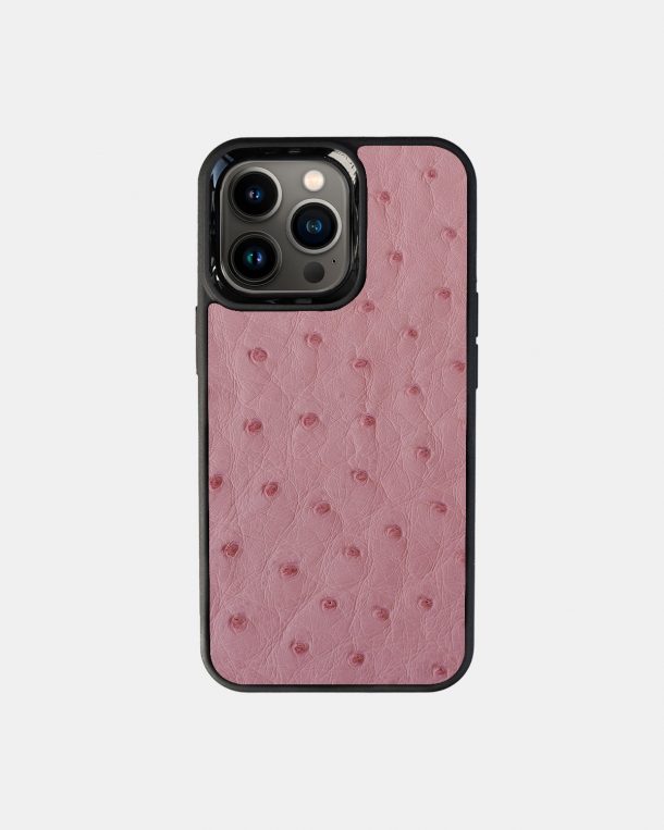Case made of pink ostrich skin with follicles for iPhone 13 Pro