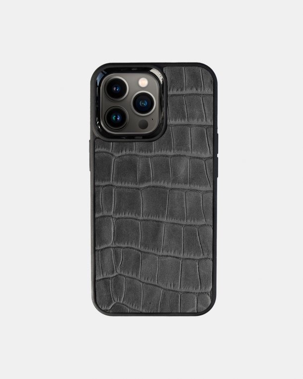 iPhone 13 Pro case made of gray crocodile embossing on calfskin