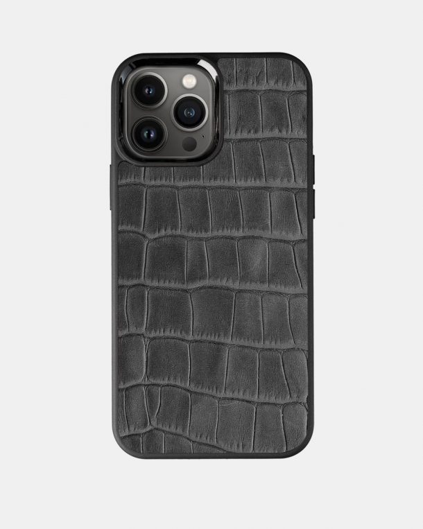 iPhone 13 Pro Max Gray Crocodile Embossed Calf Leather Case