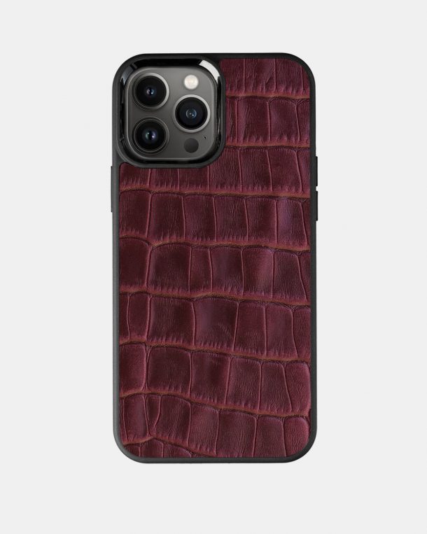 Чехол из бордового тиснения под крокодила на телячьей коже для iPhone 13 Pro Max с MagSafe
