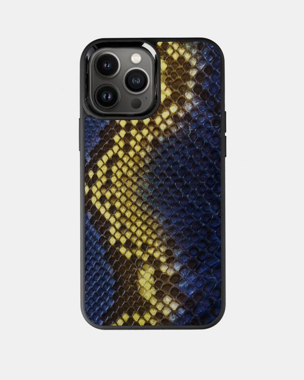 Case made of blue-yellow python skin with fine scales for iPhone 13 Pro Max
