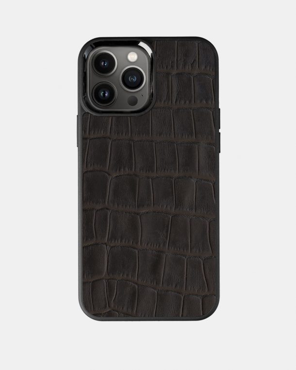 Dark brown embossed crocodile case on calfskin for iPhone 13 Pro Max