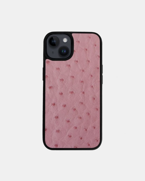 iPhone 14 case made of pink ostrich skin with follicles