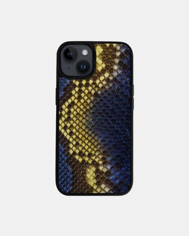 iPhone 14 case made of blue-yellow python skin with fine scales