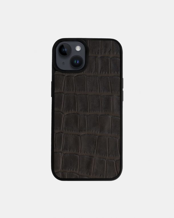 Чохол із темно-коричневого тиснення під крокодила на телячій шкірі для iPhone 14