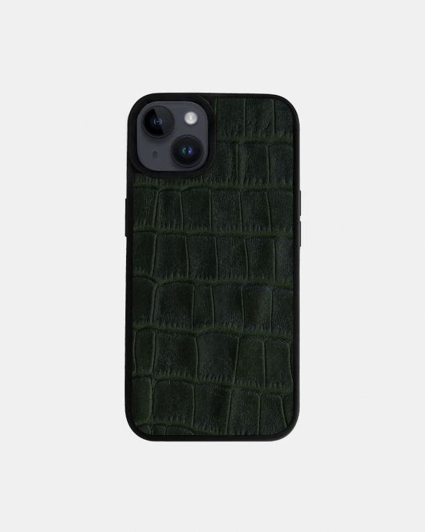 Чохол із темно-зеленого тиснення під крокодила на телячій шкірі для iPhone 14