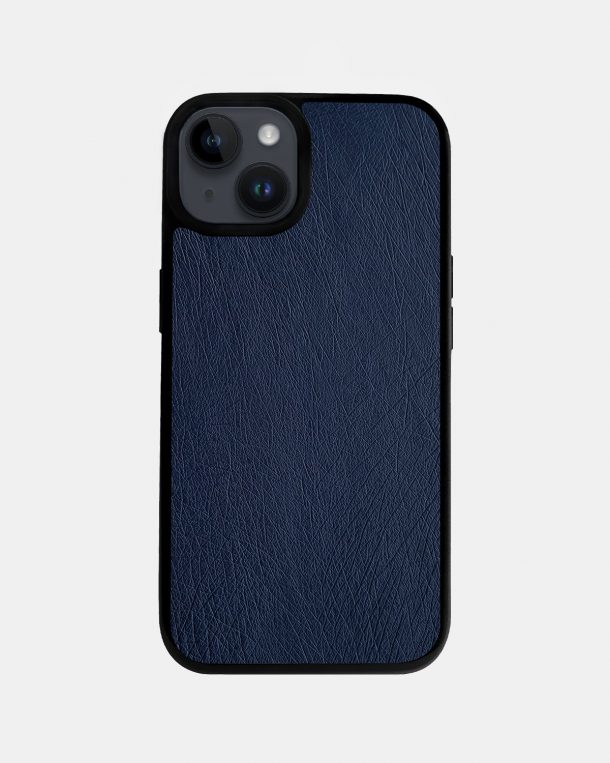 Чехол из темно-синей кожи страуса без фолликул для iPhone 14 Plus