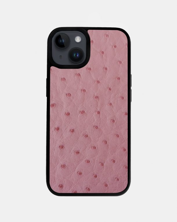 Case made of pink ostrich skin with follicles for iPhone 14 Plus