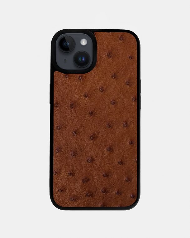 Чехол из коричневой кожи страуса с фолликулами для iPhone 14 Plus
