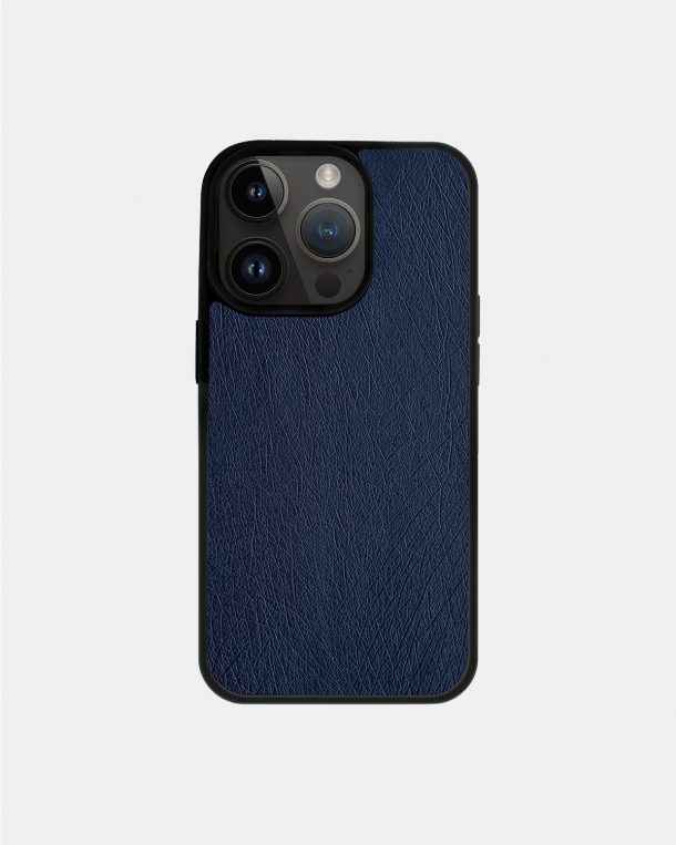 Case made of dark blue ostrich skin without follicles for iPhone 14 Pro