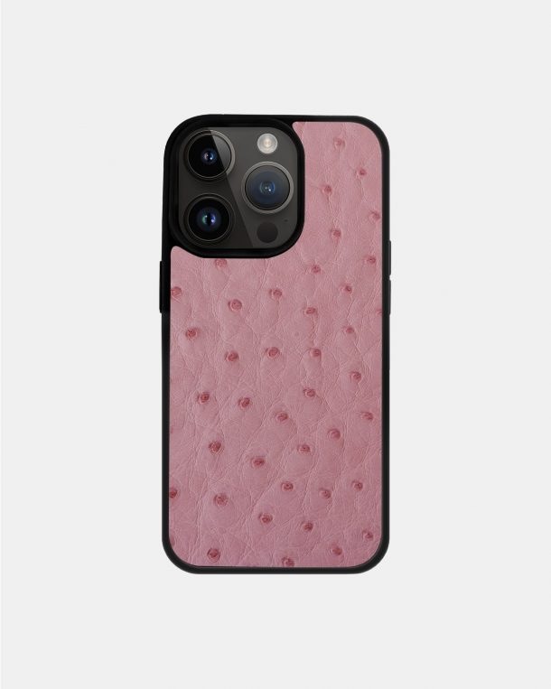 Case made of pink ostrich skin with follicles for iPhone 14 Pro