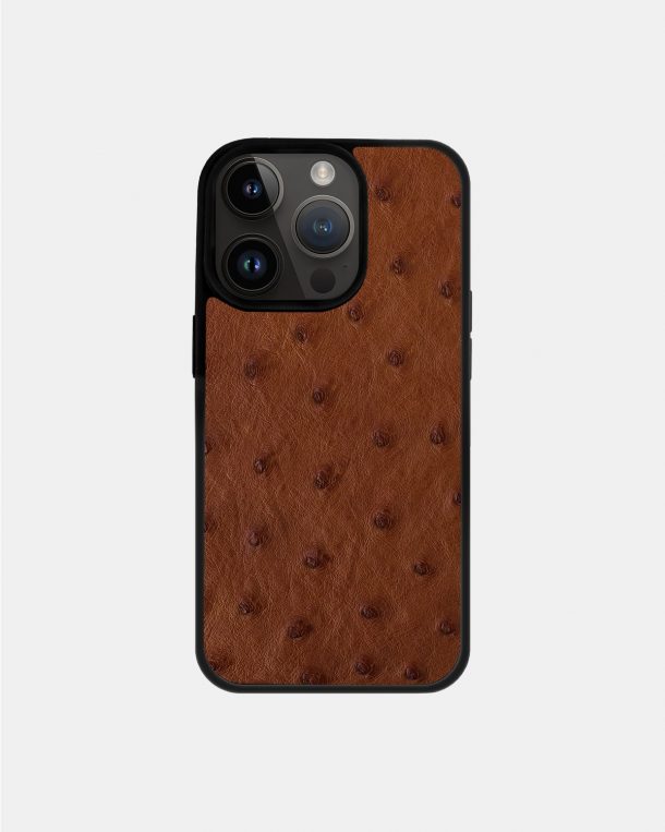 Brown ostrich leather case with follicles for iPhone 14 Pro