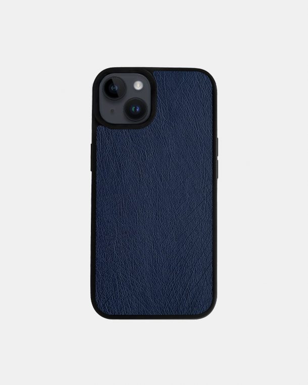 Case made of dark blue ostrich skin without foils for iPhone 14