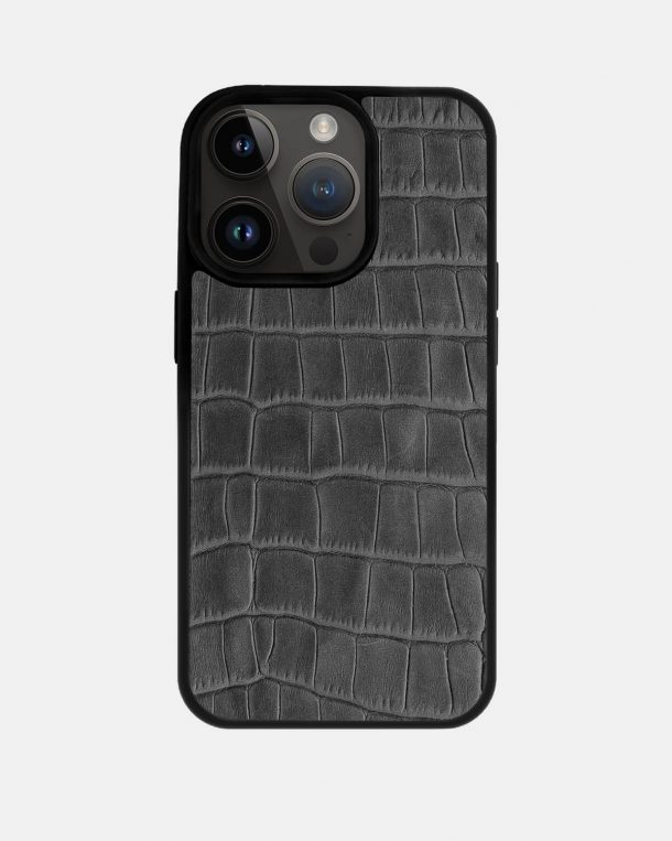 Чехол из серого тиснения под крокодила на телячьей коже для iPhone 14 Pro Max с MagSafe