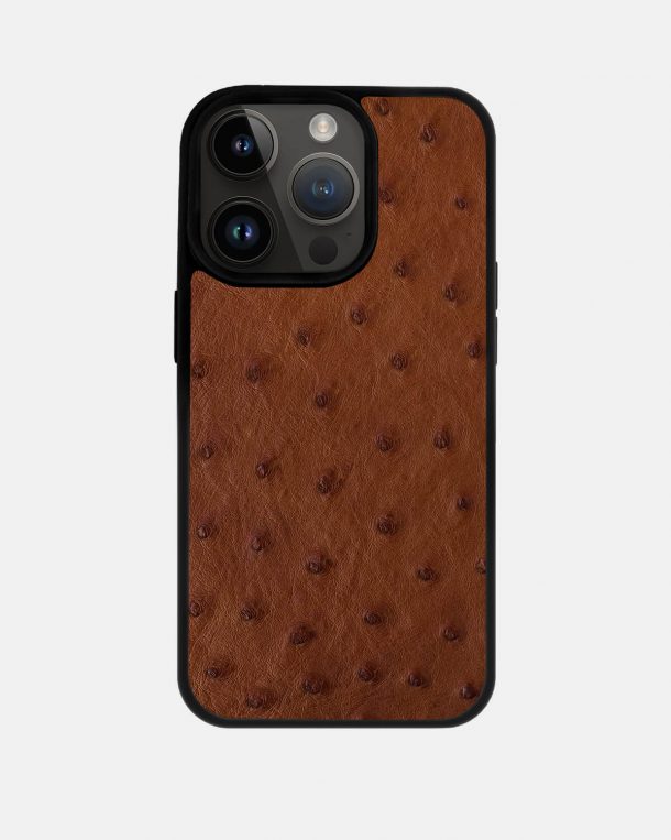 Чохол із коричневої шкіри страуса з фолікулами для iPhone 14 Pro Max