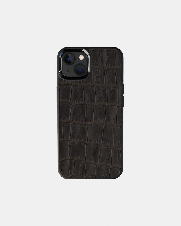 Case made of dark brown embossed crocodile on calfskin for iPhone 13