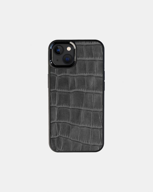 iPhone 13 iPhone XNUMX case made of gray crocodile embossing on calf leather
