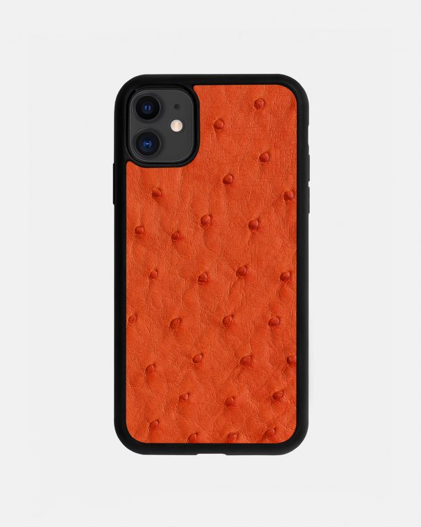 iPhone 11 case made of orange ostrich skin with follicles