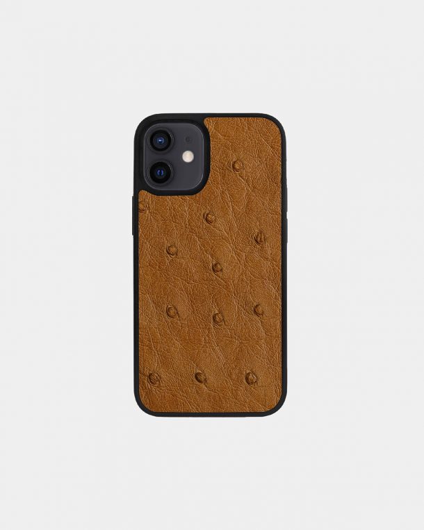 Case made of light brown ostrich skin for iPhone 12 Mini