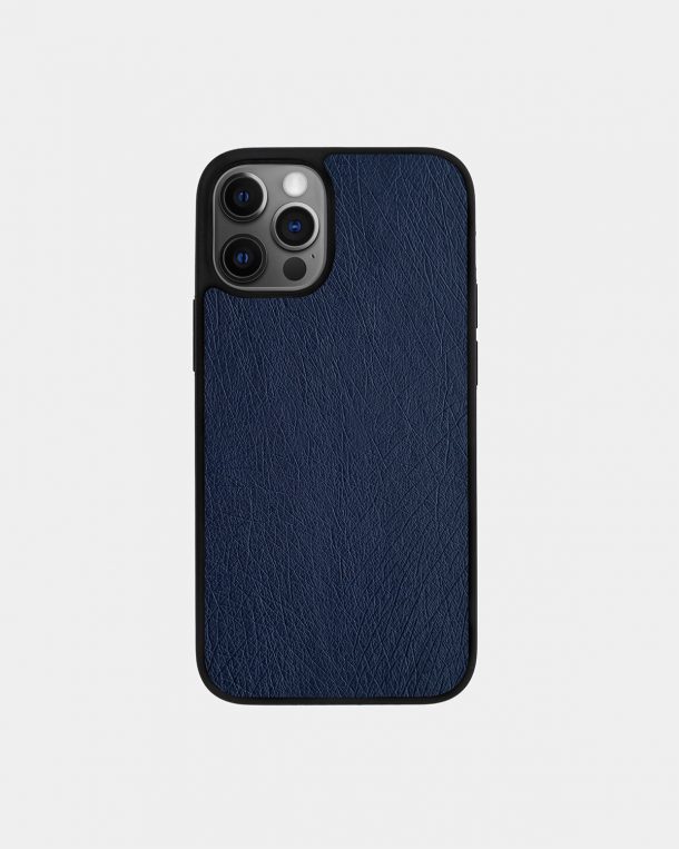 Case made of dark blue ostrich skin without follicles for iPhone 12 Pro