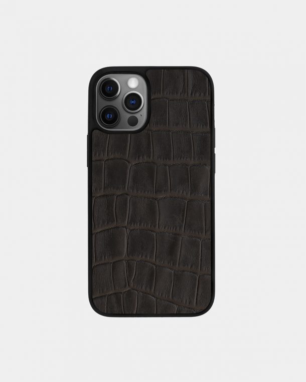 Чохол із темно-коричневого тиснення під крокодила на телячій шкірі для iPhone 12 Pro