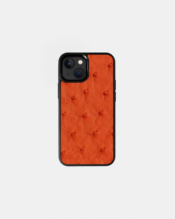 Case made of orange ostrich skin with follicles for iPhone 13 Mini