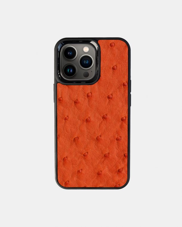 Case made of orange ostrich skin with follicles for iPhone 13 Pro