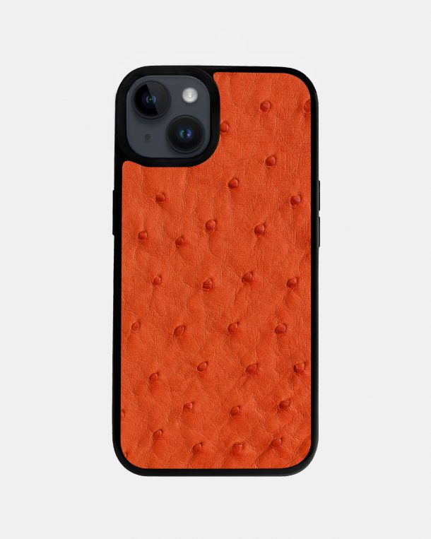 Case made of orange ostrich skin with follicles for iPhone 14 Plus