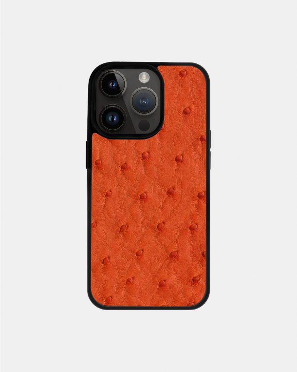 Case made of orange ostrich skin with follicles for iPhone 14 Pro