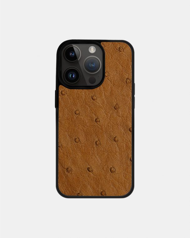 Чехол из светло-коричневой кожи страуса с фолликулами для iPhone 14 Pro с MagSafe