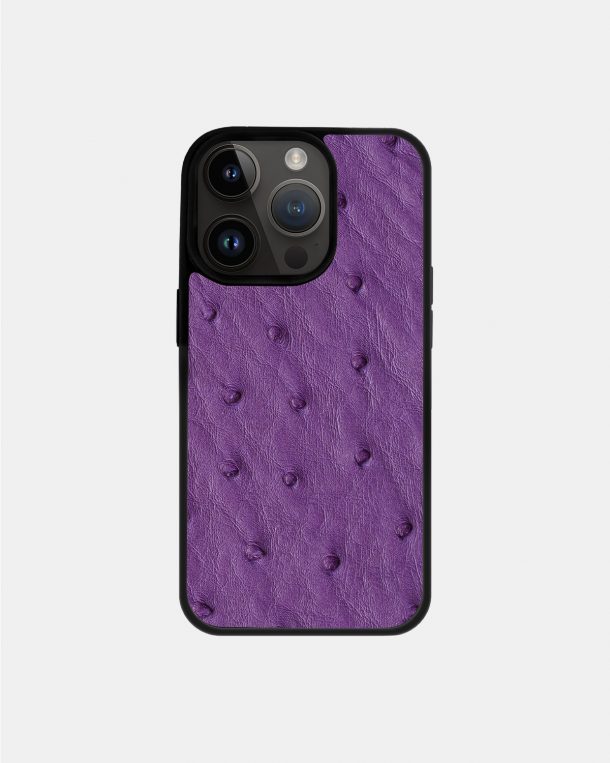 Case made of purple ostrich skin with follicles for iPhone 14 Pro