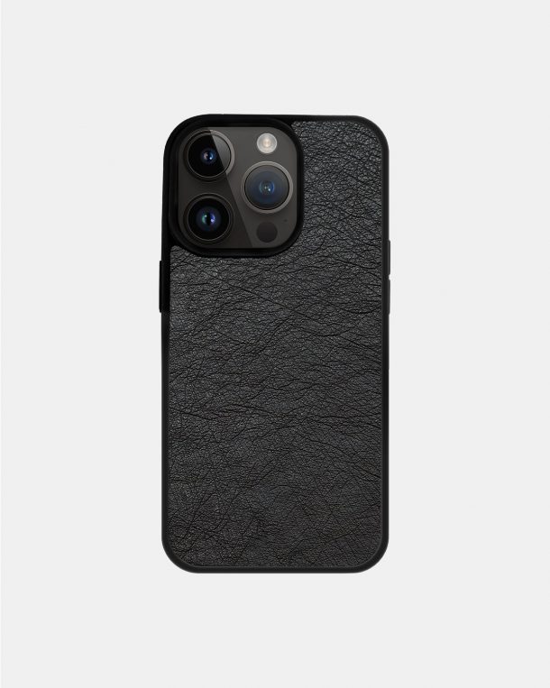Чохол із чорної шкіри страуса без фолікул для iPhone 14 Pro