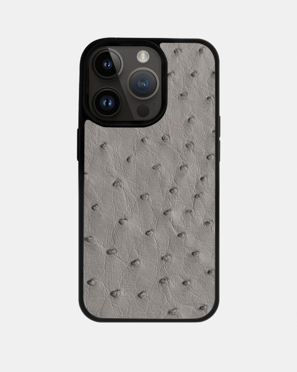 Чехол из серой кожи страуса с фолликулами для iPhone 14 Pro Max