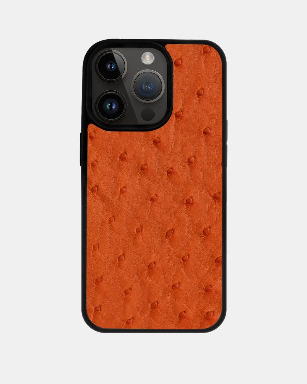 iPhone 14 Pro Max case made of orange ostrich skin with follicles