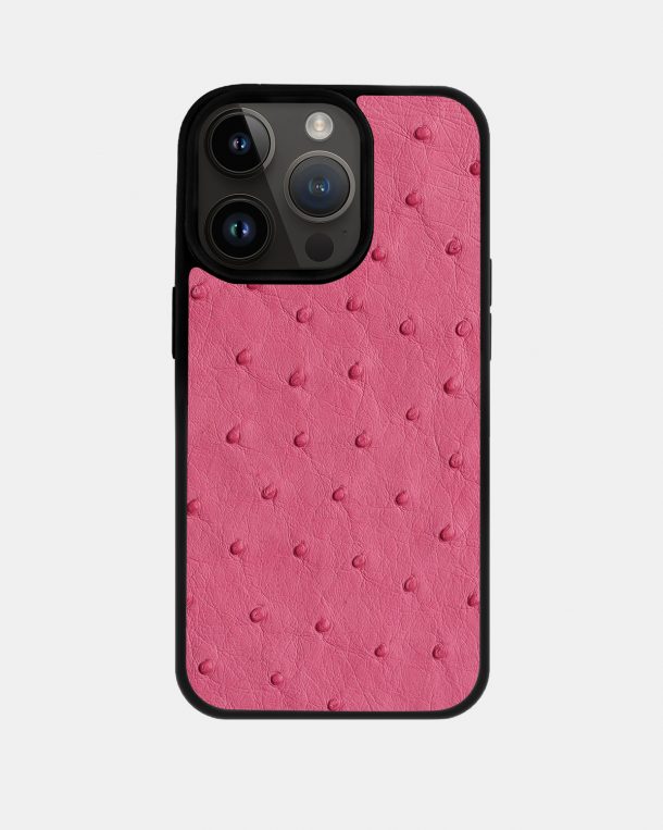 Чехол из ярко-розовой кожи страуса с фолликулами для iPhone 14 Pro Max